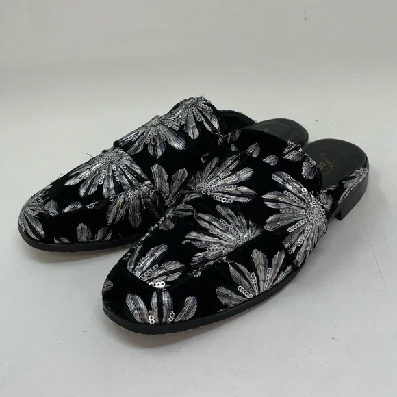 Free People Shoes Black Velvet Mules Silver Embroidered Flowers Size 36 6 - Picture 6 of 14